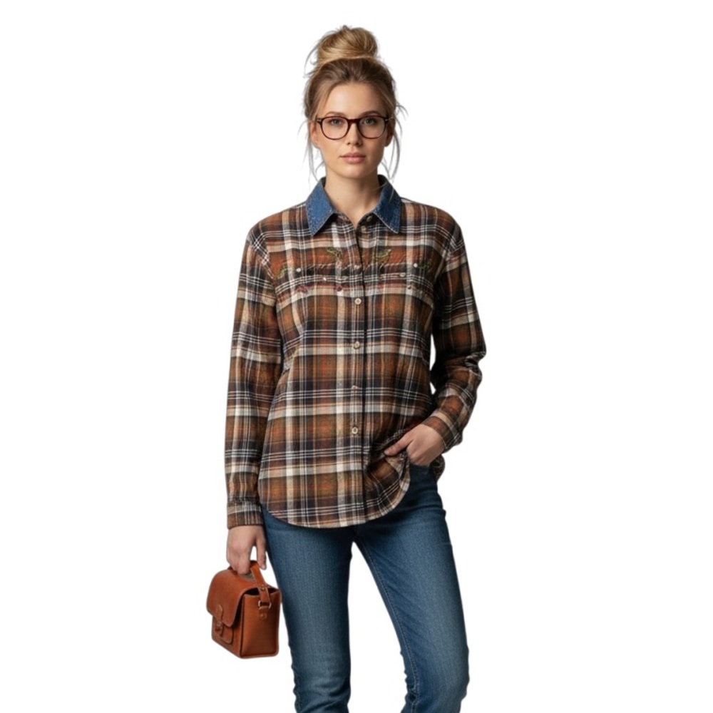 Victoria Jones Woman Button Down Shirt VTG 90s Denim Collar Plaid Fall Theme 2X